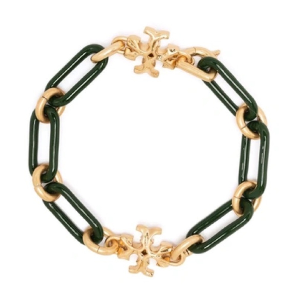 NWT Tory Burch Roxanne Chain Bracelet in Equestrian Green / Gold MSRP $228